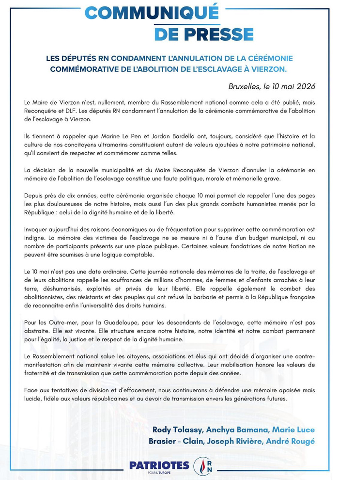 ​LES DÉPUTÉS RN CONDAMNENT L'ANNULATION DE LA CÉRÉMONIE COMMÉMORATIVE DE L'ABOLITION DE L'ESCLAVAGE À VIERZON.